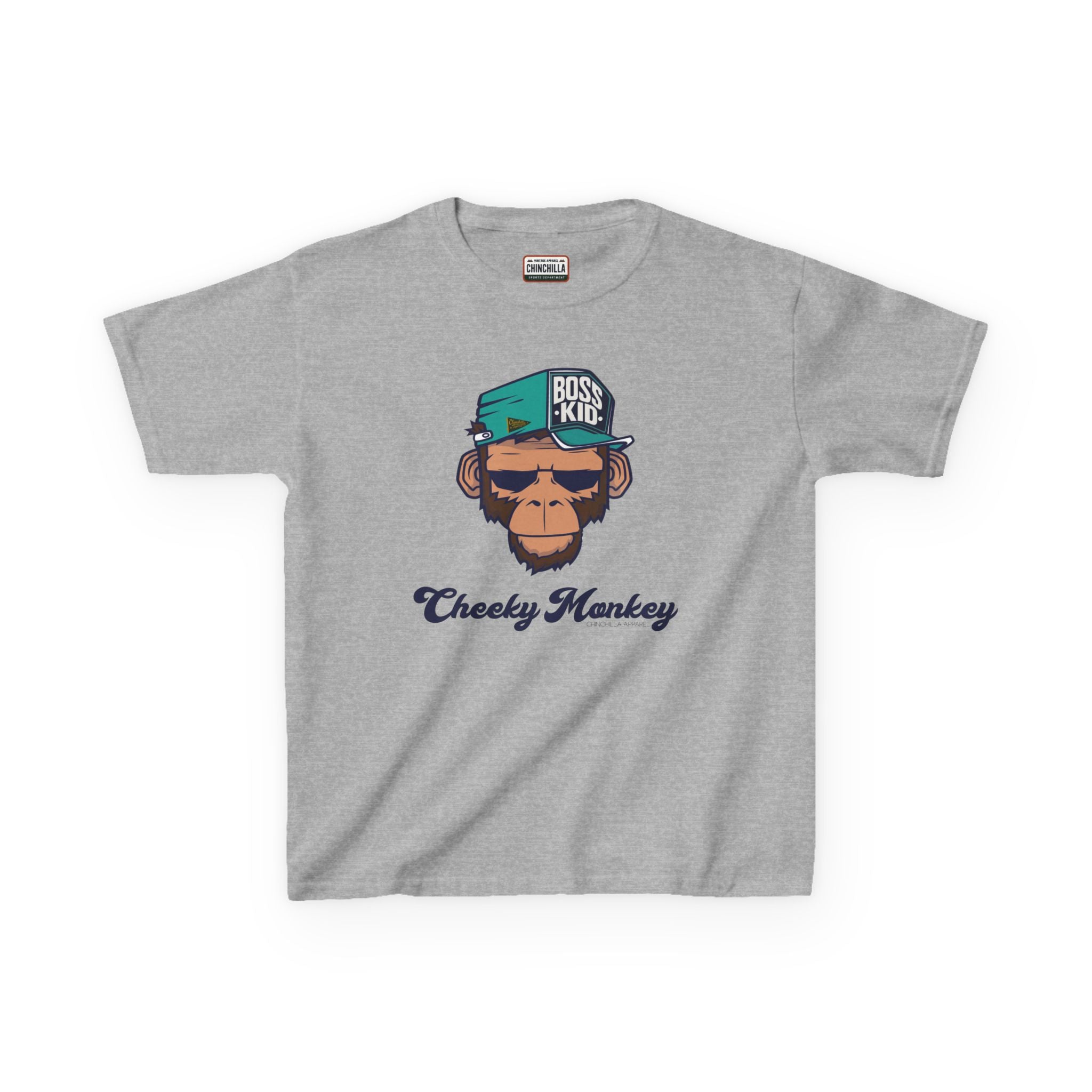 Gray t-shirt with a monkey graphic and text on a white background